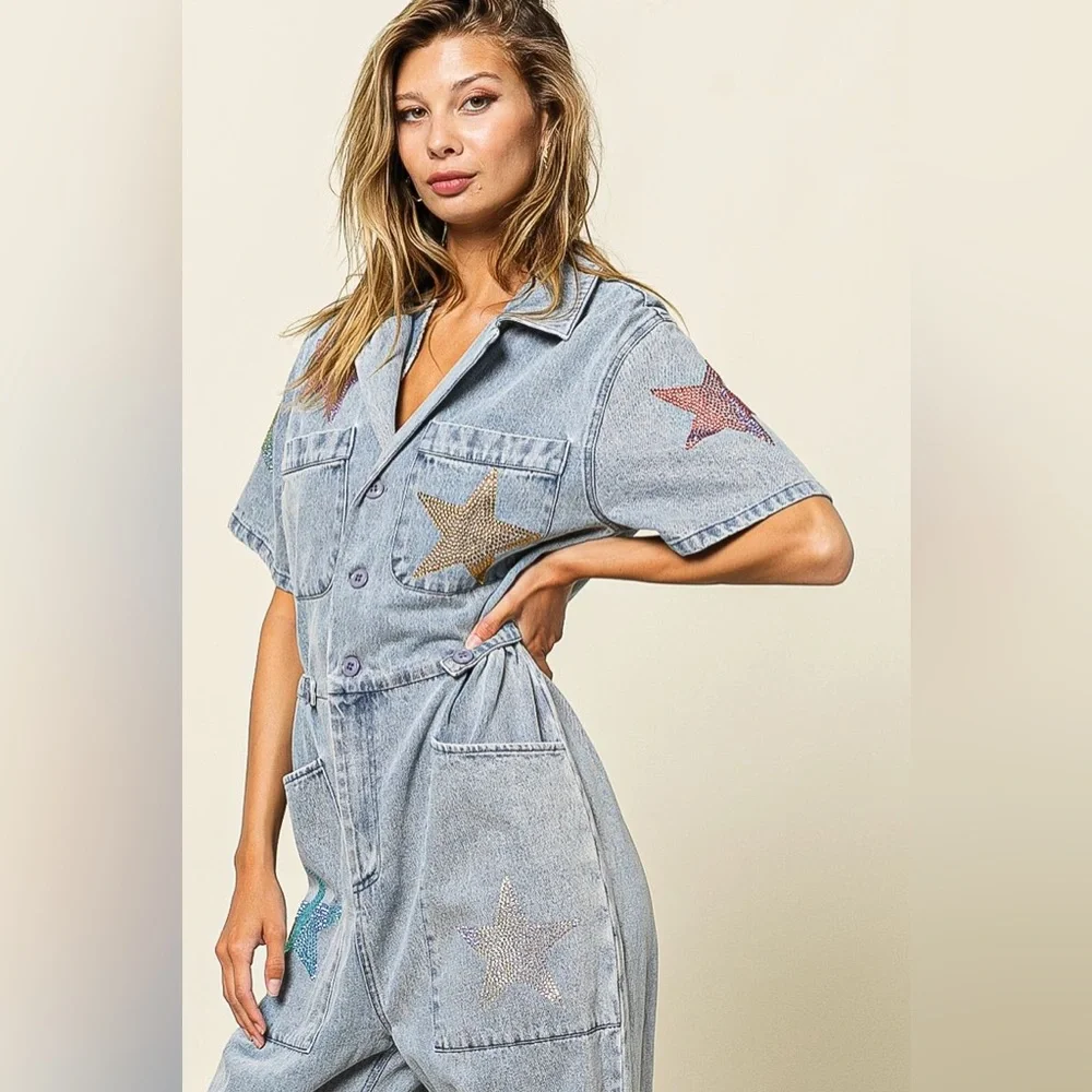 RHINESTONE STAR DENIM JUMPSUIT COVERALLS - Picture 2 of 6